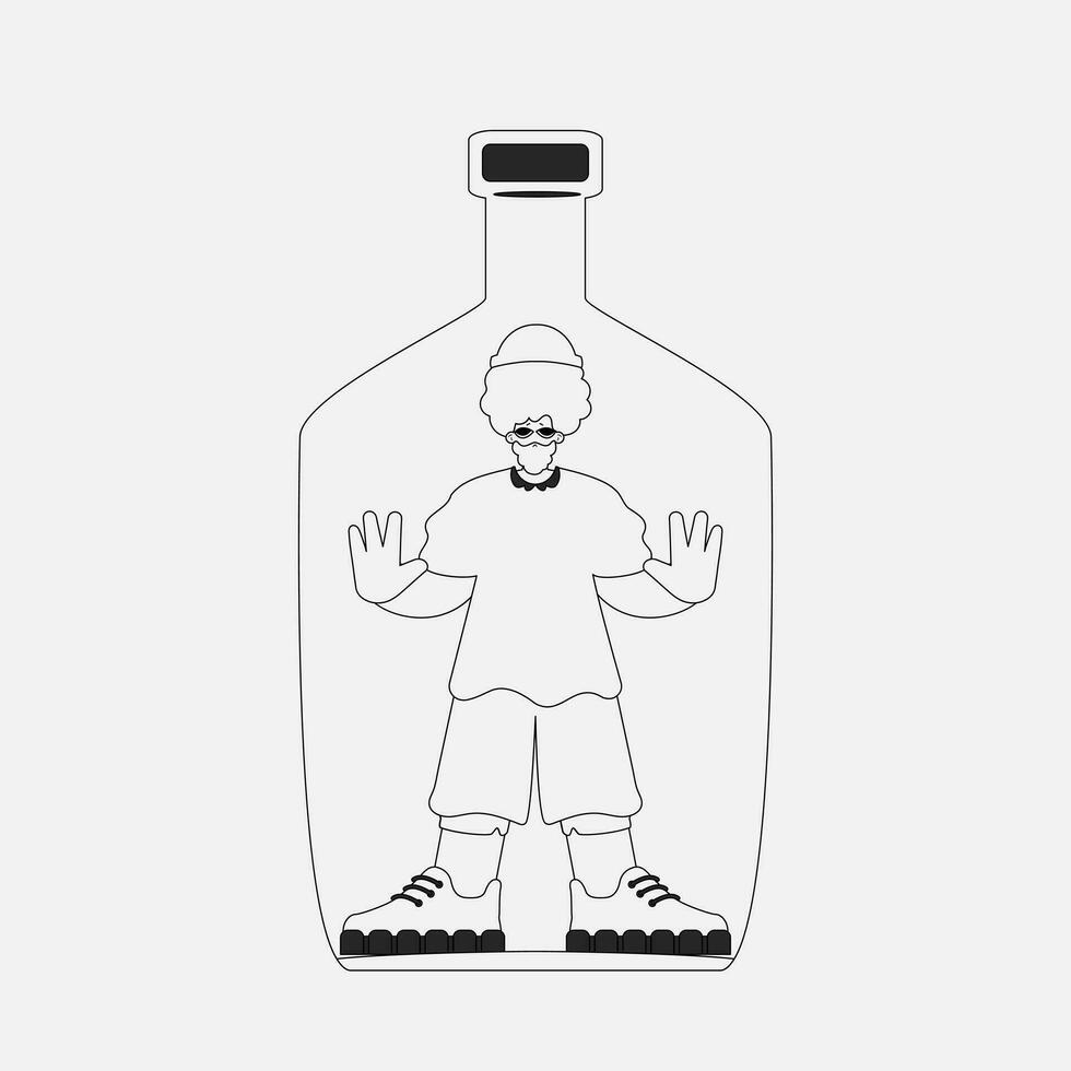 alcohol adiccion. el inspirador hombre es en el botella. periódico negro y blanco estilo. vector