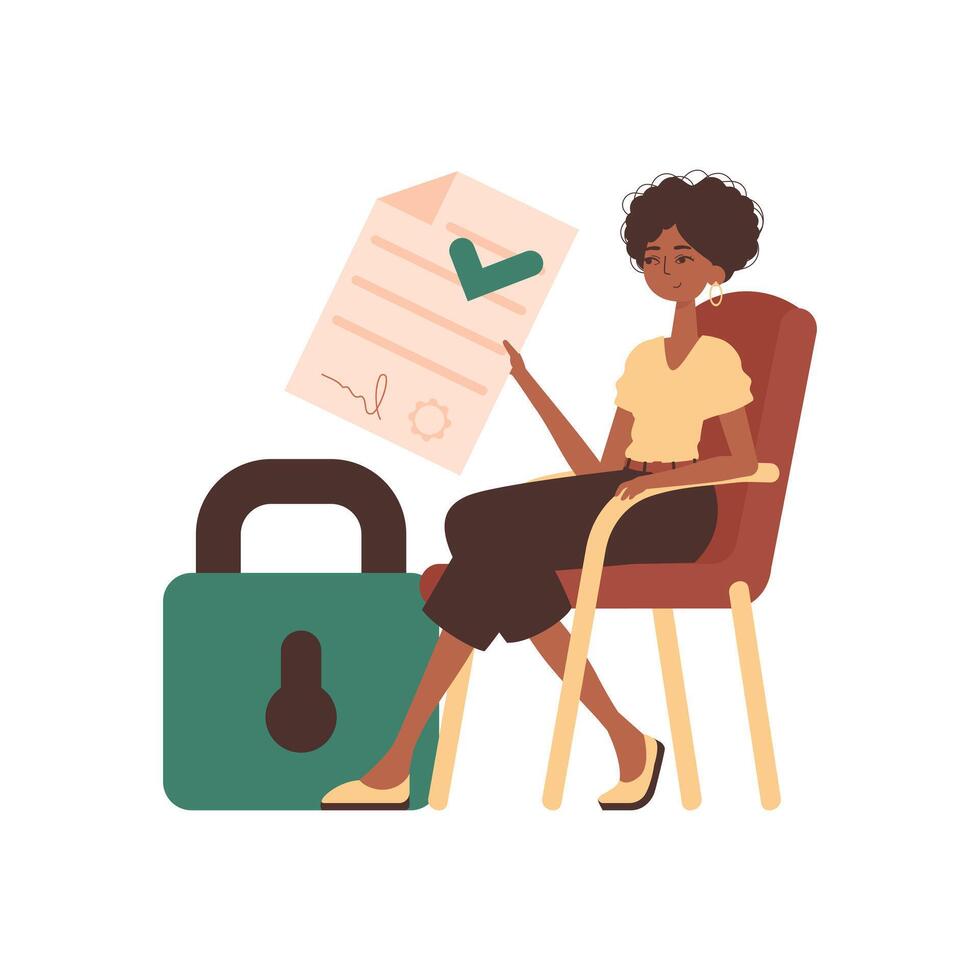 The girl sits in a chair and holds a document in her hands. Smart contract. Data protection. Trend style character. vector