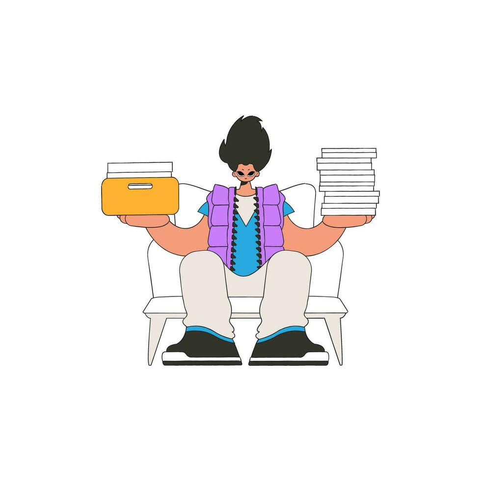 An elegant guy holds stacks of documents in his hands. vector