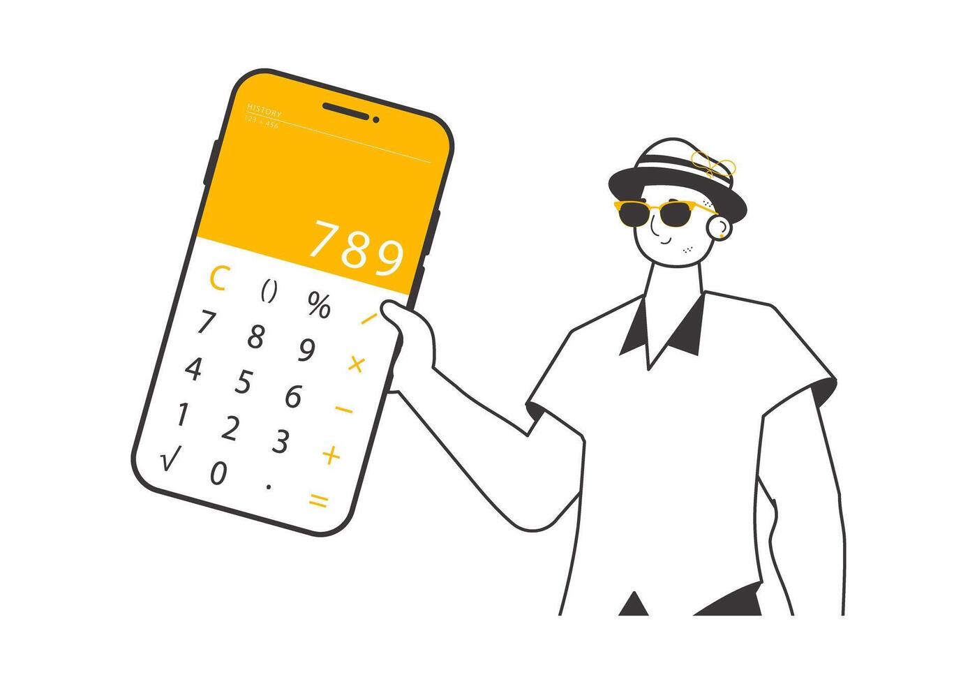 A man holds a calculator. Linear trendy style. Vector illustration.