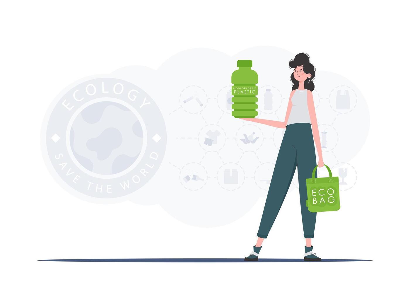 The concept of ecology and care for the environment. A woman holds a bottle made of biodegradable plastic in her hands. Trend style. illustration. vector