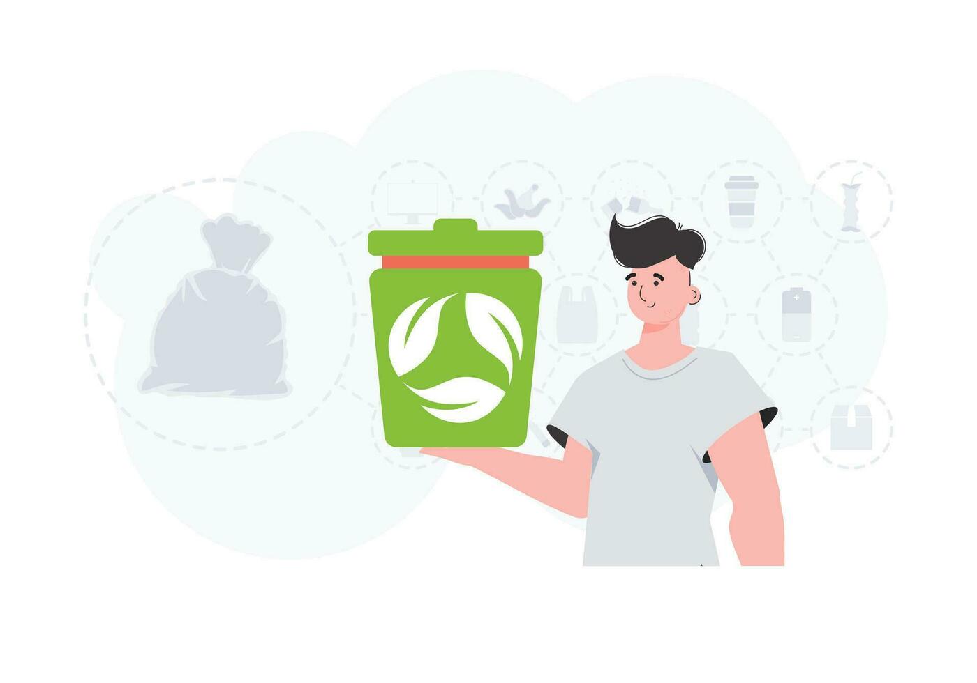 The concept of ecology and recycling. Stylish man holding an urn in his hands. Trendy character style. Vetcor. vector