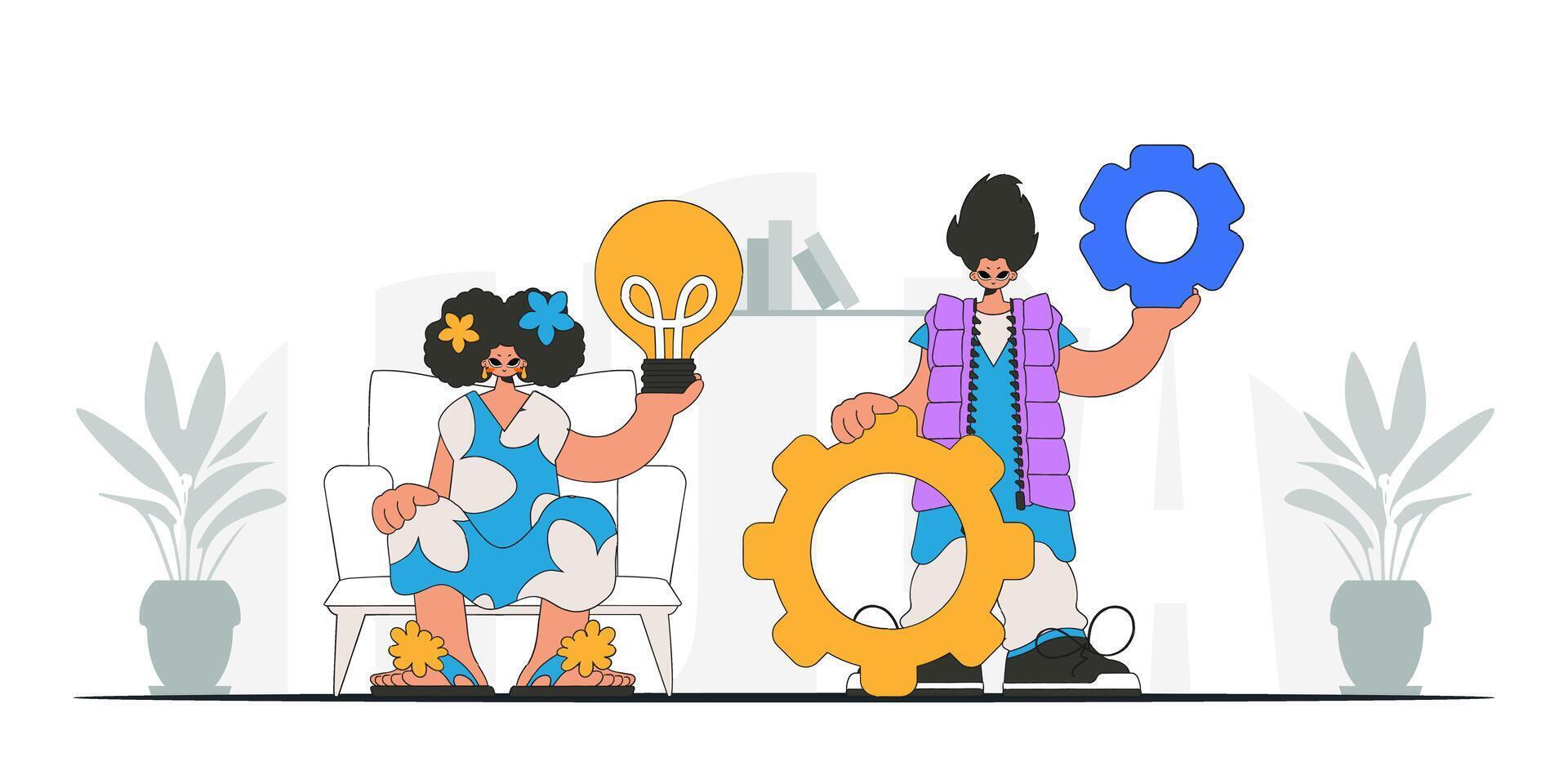 A presentable team solves problems and generates ideas. Light bulb and gears in their hands. Idea concept. trendy character. vector