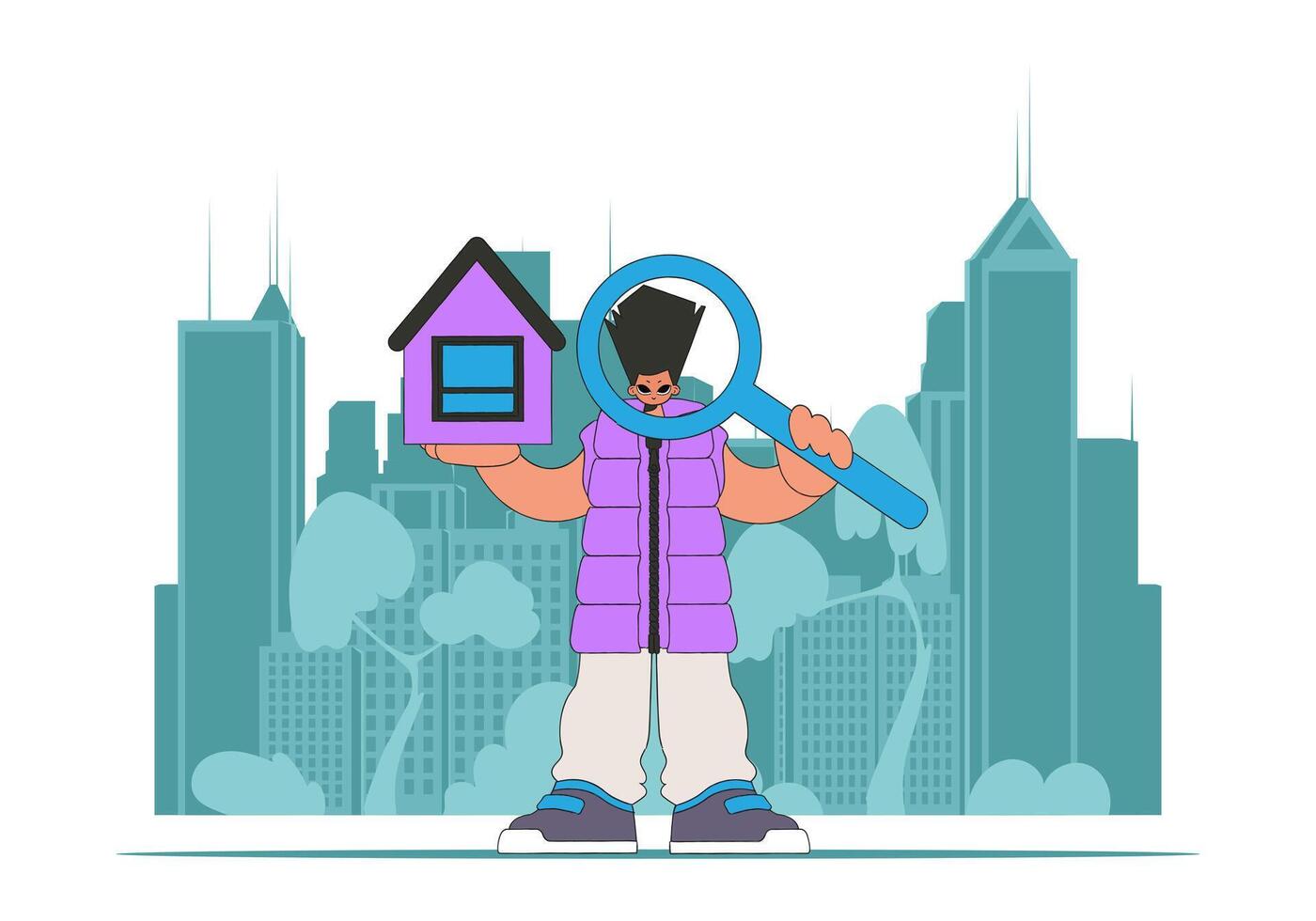 The concept of home ownership. Real estate realtor guy sells a house. vector