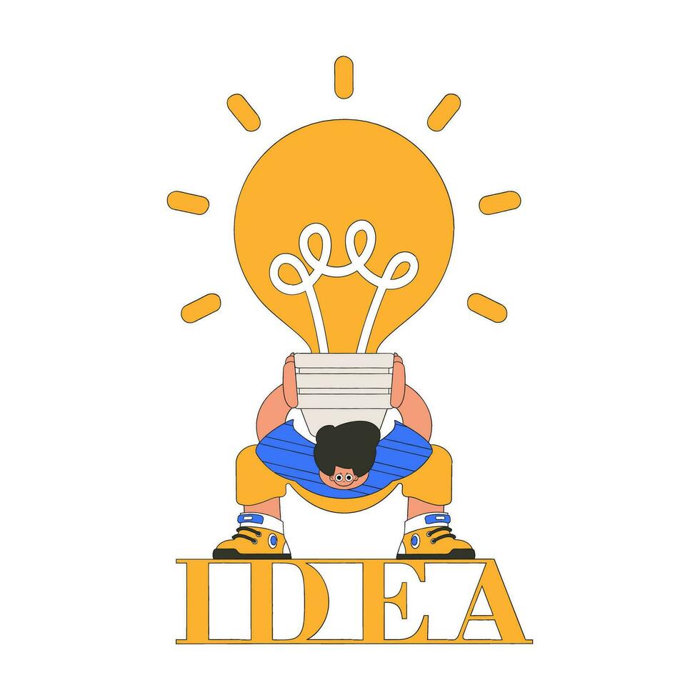 Funny illustration on the theme of the idea. A man is holding a heavy large light bulb. vector