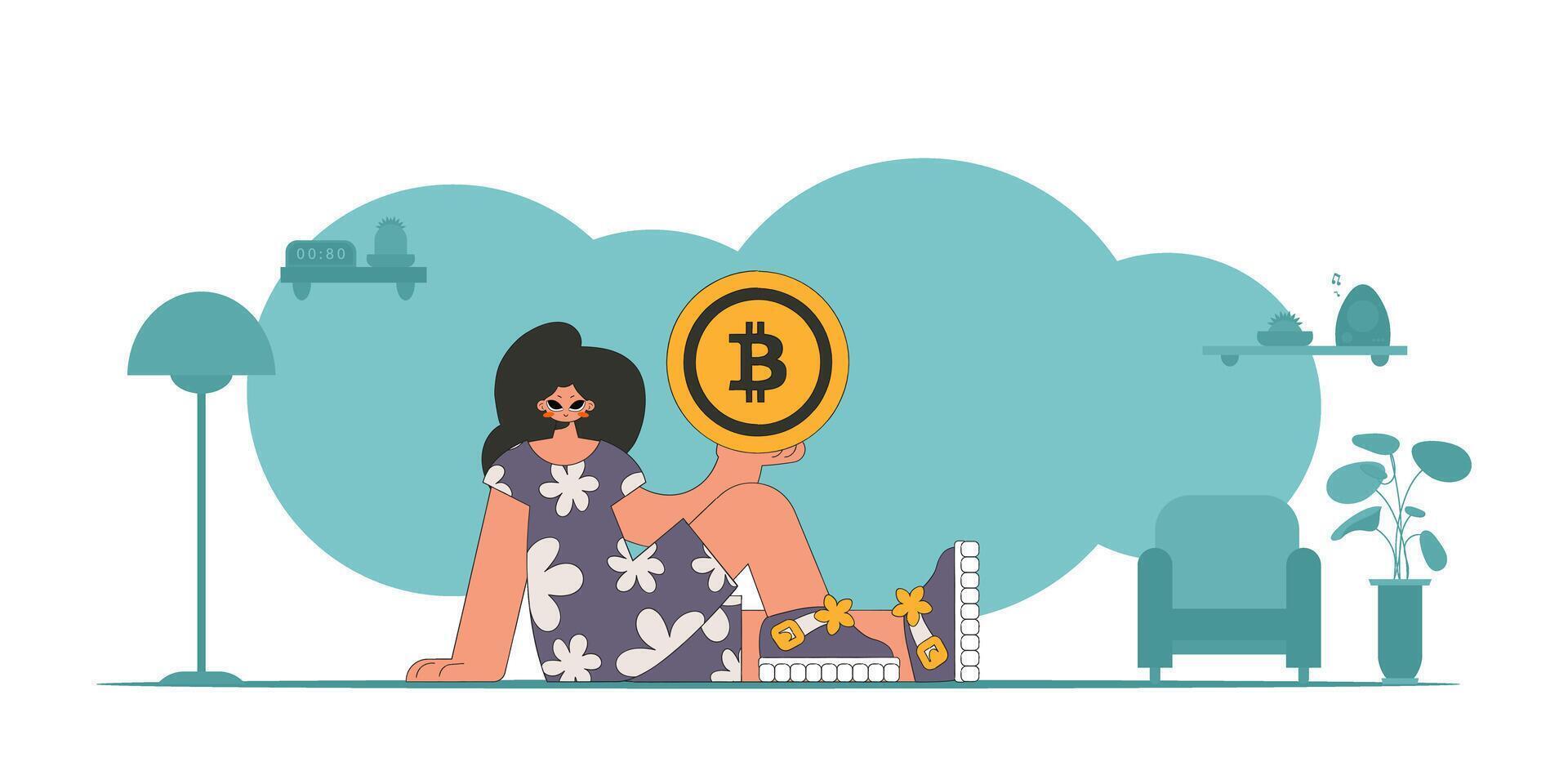 The girl is holding a bitcoin. The concept of interaction with digital monetary assets. vector