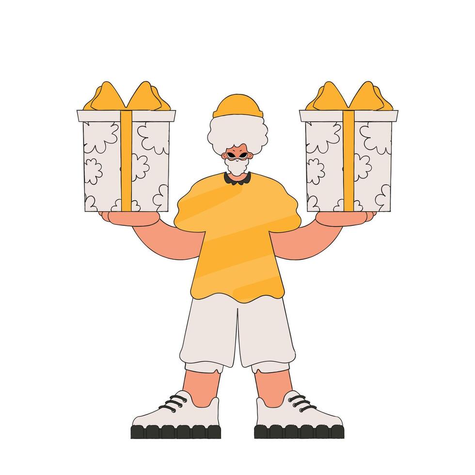 The guy is holding gift boxes. The concept of the holiday and gifts. Character in the style of the 80s and 90s. vector