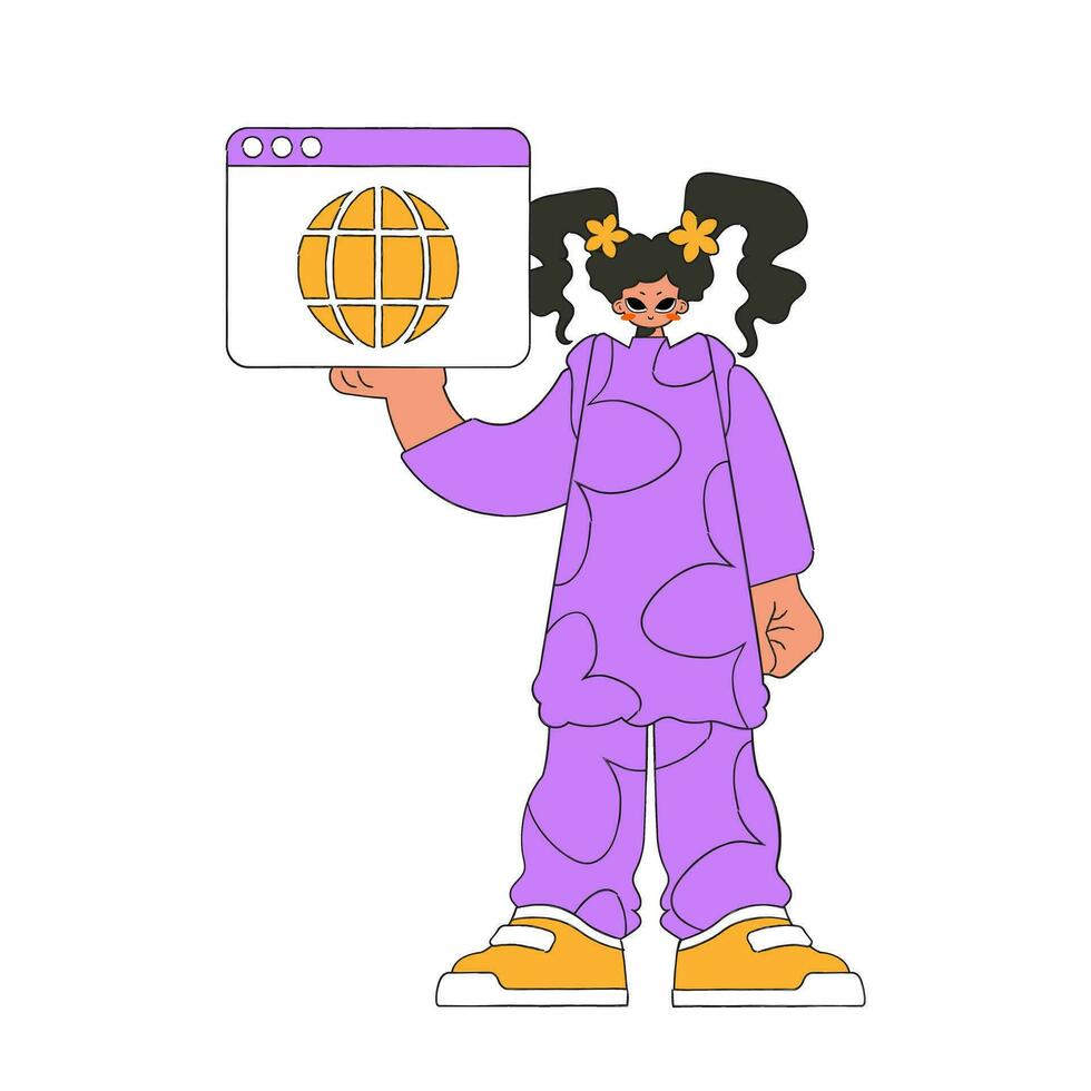 un brillante y elegante ilustración de un niña utilizando un web navegador. moderno personaje estilo. vector