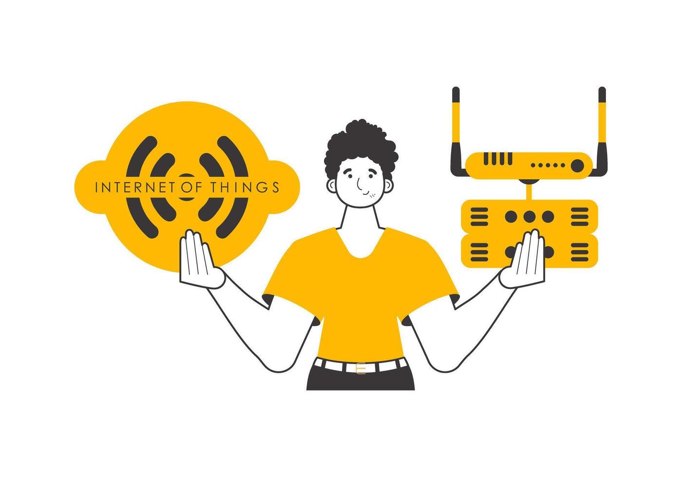 A man holds the IOT logo in his hands. Trend lineart style. Isolated. Vector illustration.