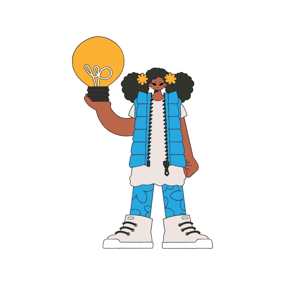 Stylish woman holding a light bulb in her hands. Idea theme. vector