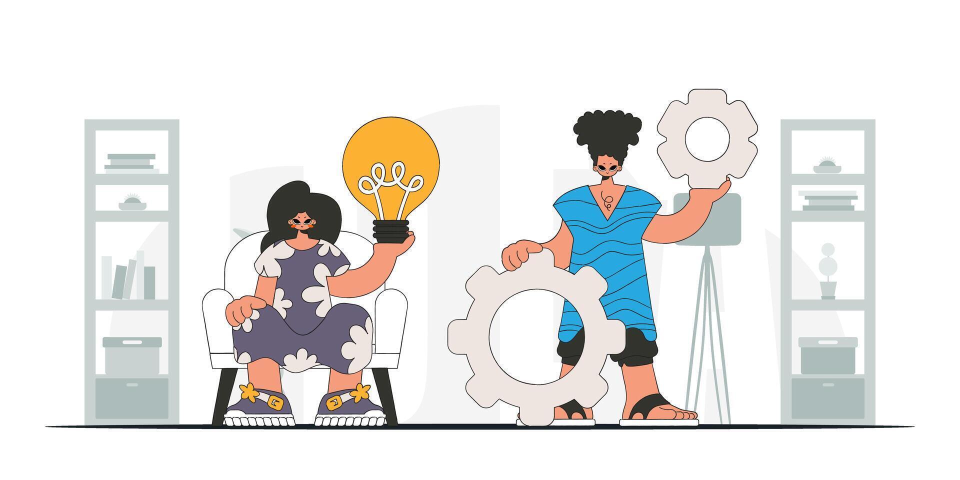 Attractive guy and girl solve problems and generate ideas. Light bulb and gears in their hands. Illustration on the theme of the appearance of an idea. vector