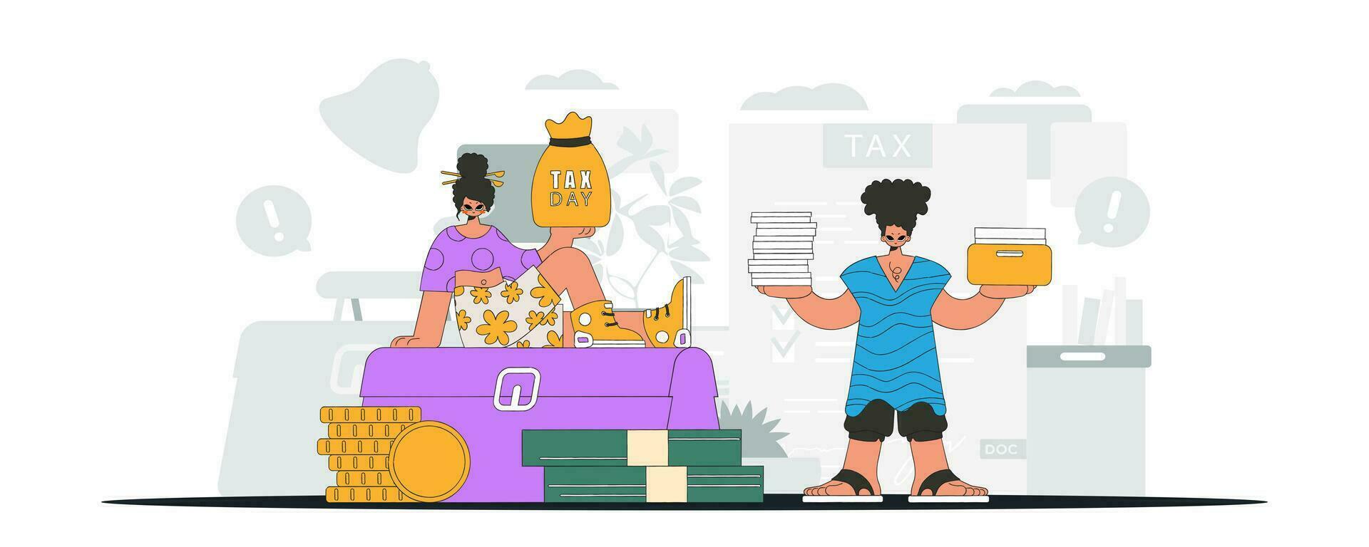 Graceful guy and girl demonstrate paying taxes. Graphic illustration on the theme of tax payments. vector