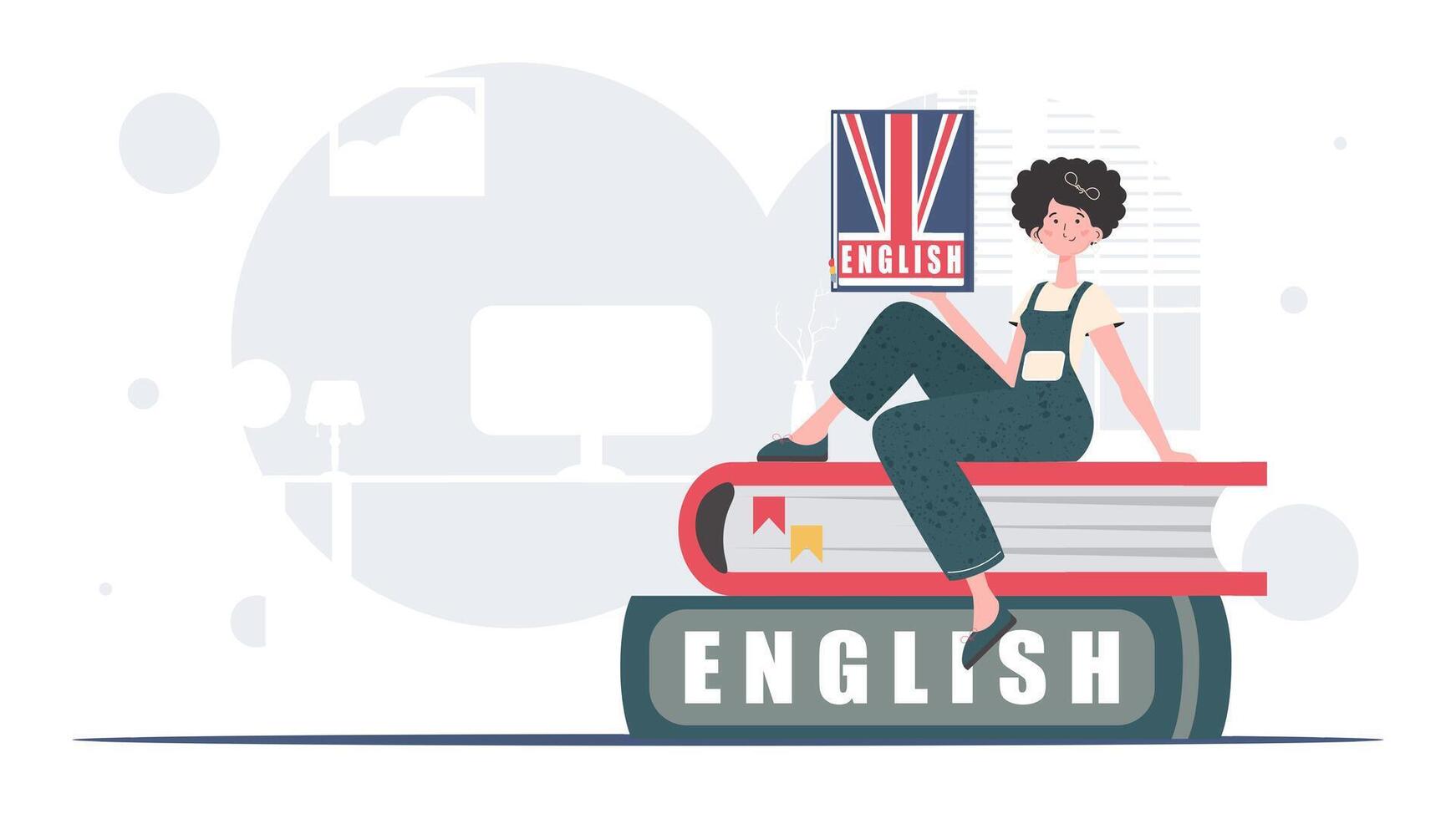 The concept of learning English. A woman sits on books and holds an English dictionary in her hands. trendy style. . vector