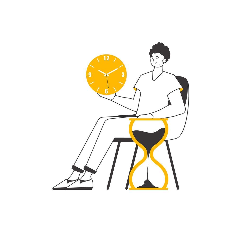 The man is holding a watch. Time management concept. Modern linear style. Isolated. Vector illustration.