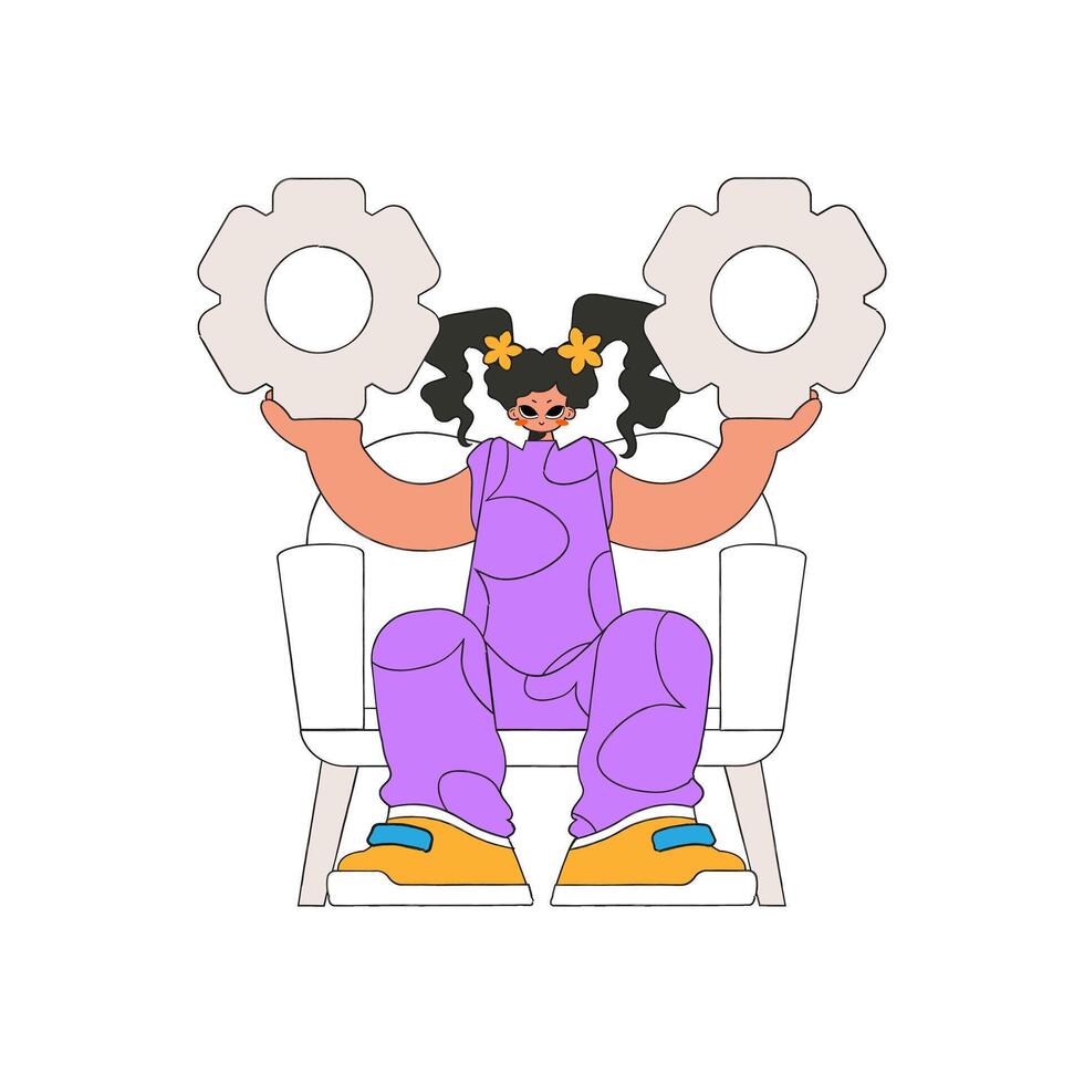 Fashionable woman holding gears in her hands. Idea theme. vector