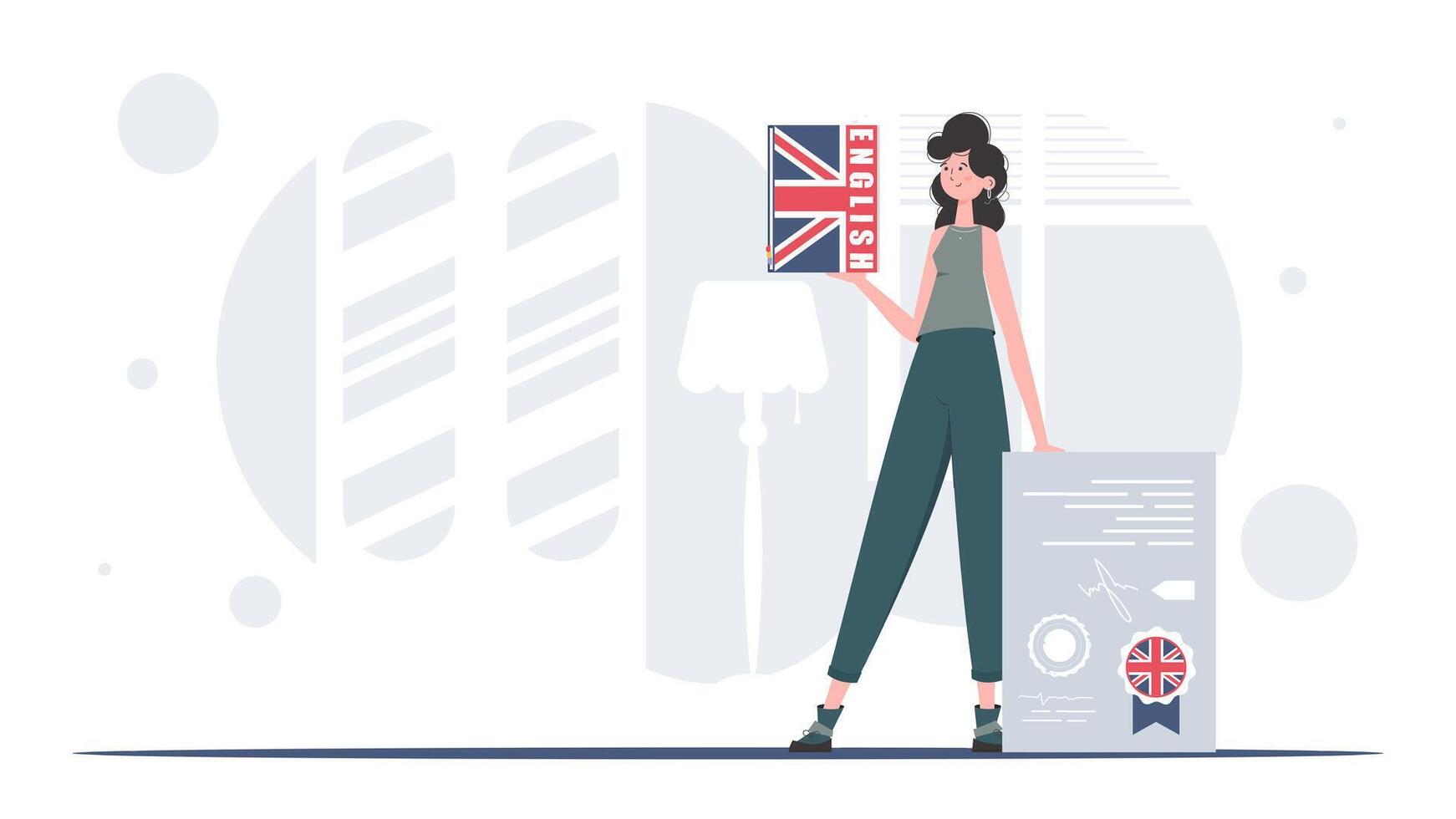 el concepto de aprendizaje inglés. un mujer sostiene un Inglés diccionario y un certificado en su manos. de moda estilo. vector. vector