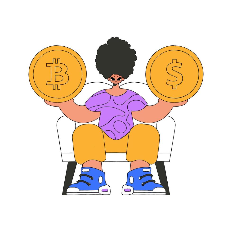 The guy is holding dollar and bitcoin. Character trendy style. vector