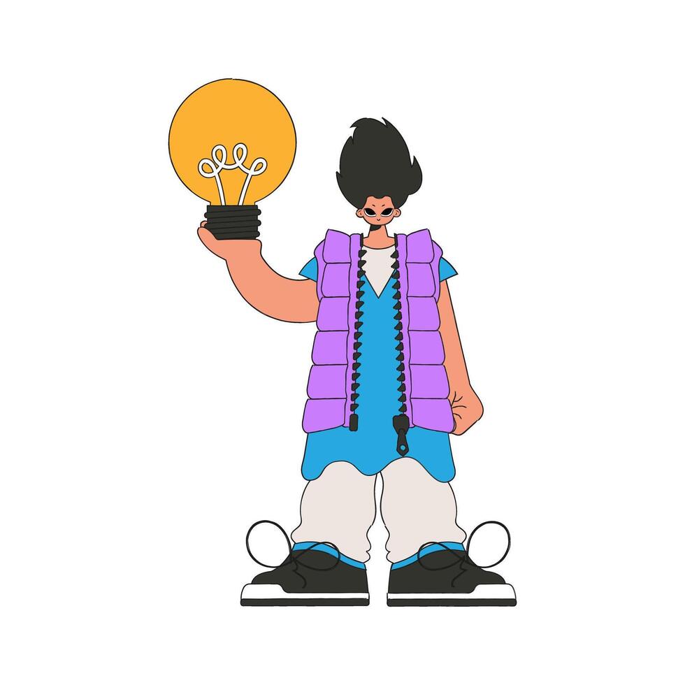 A handsome guy holds a light bulb in his hands. Idea theme. vector