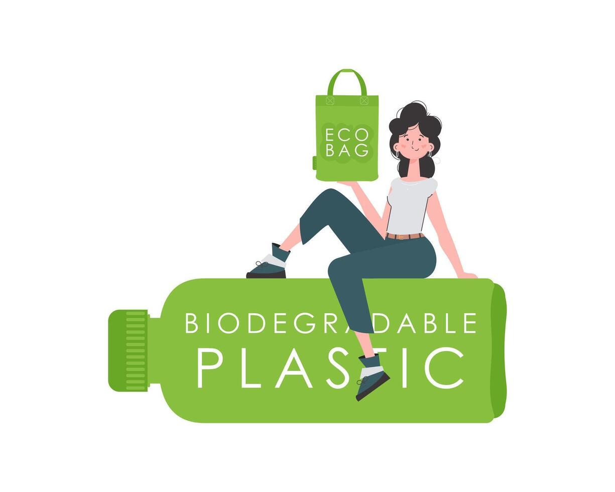 A woman sits on a bottle made of biodegradable plastic and holds an ECO BAG in her hands. Concept of green world and ecology. Isolated on white background. Fashion trend illustration in Vector. vector