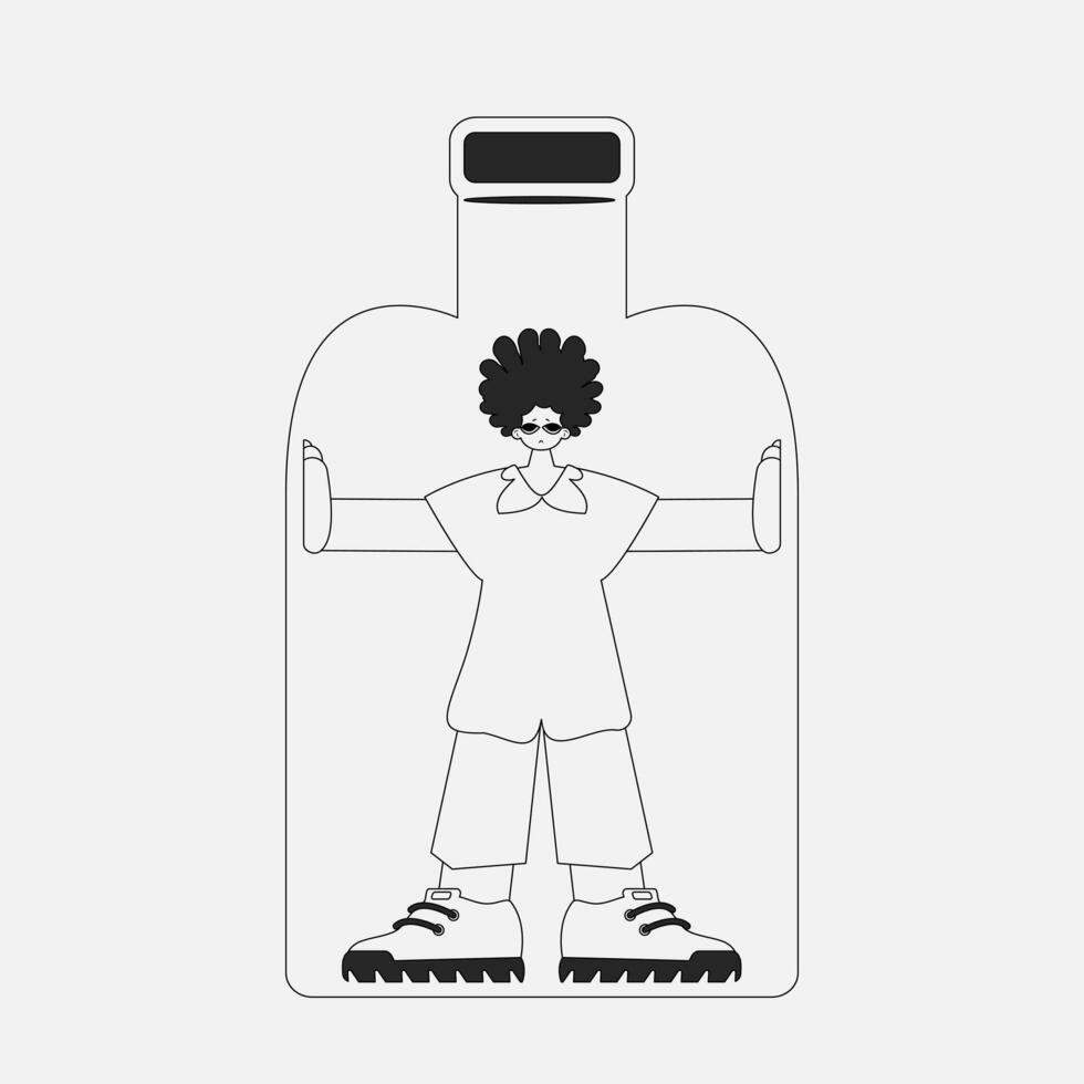 Alcohol addiction. the unique man is in the bottle. Linear black and white style. vector