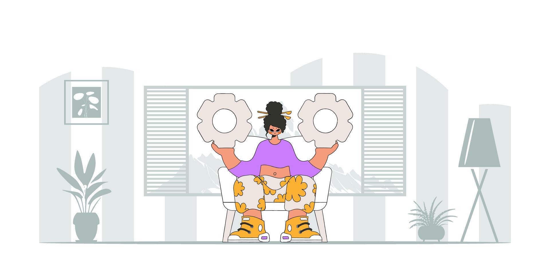 Gorgeous girl is holding gears. Illustration on the theme of the appearance of an idea. vector