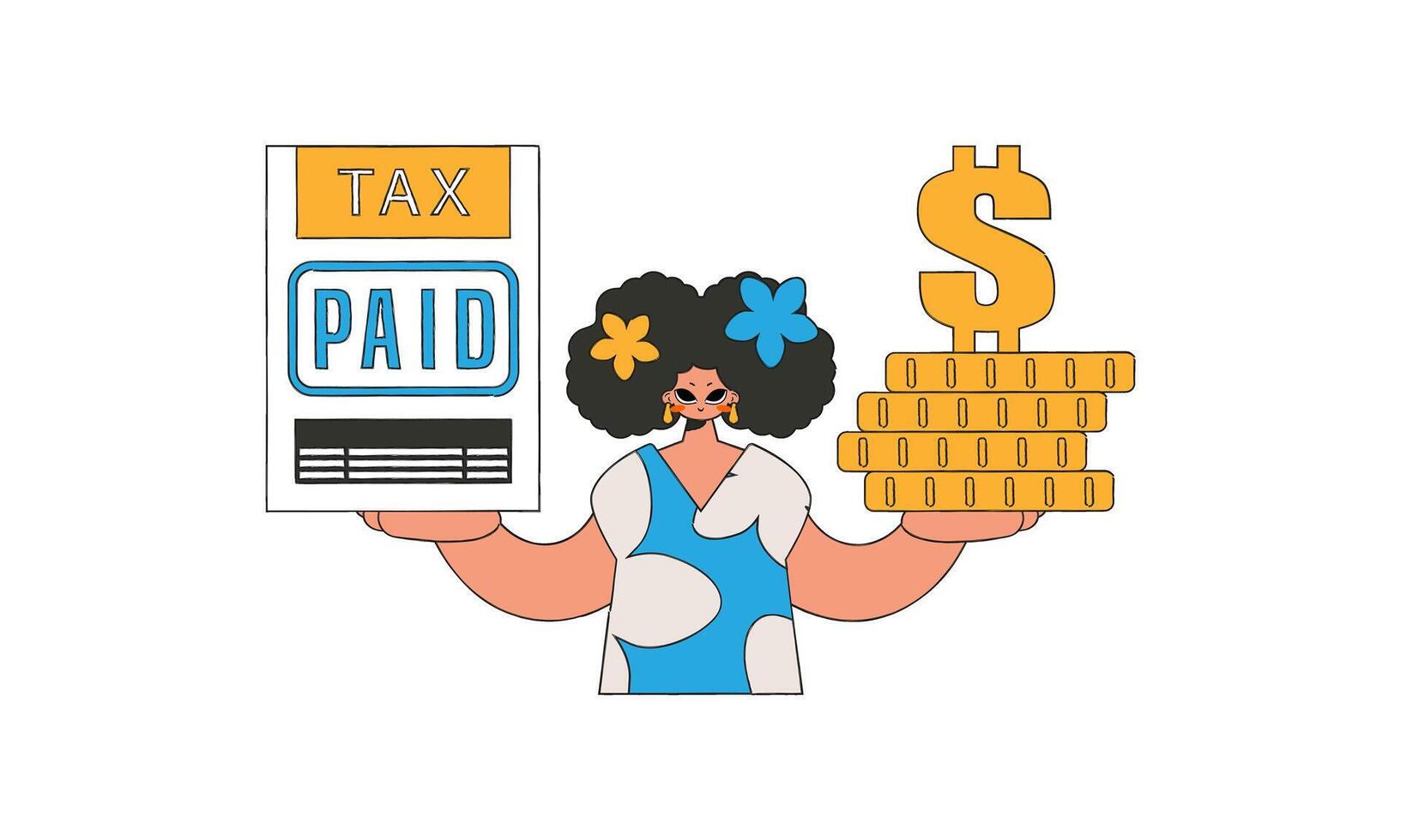 A well-dressed girl holds a tax form and coins in her hands. The topic of paying taxes. vector