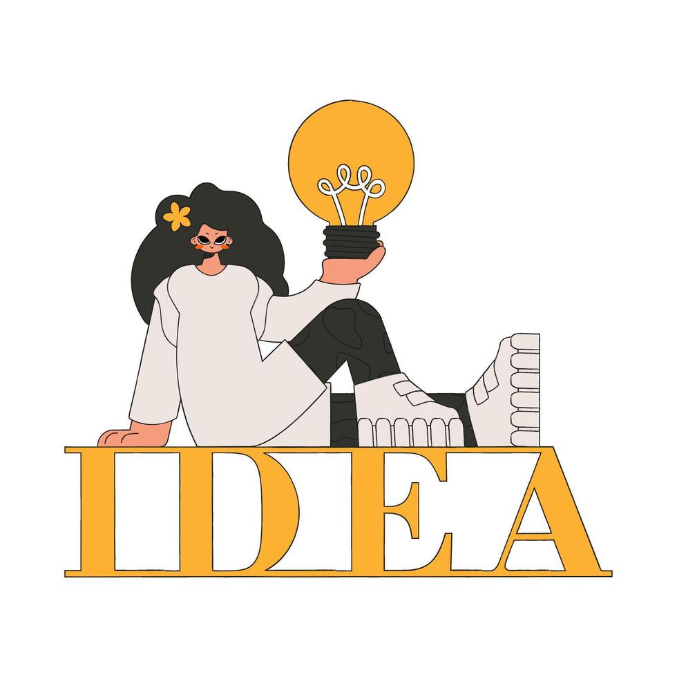 An elegant woman is holding a light bulb. Idea theme. vector