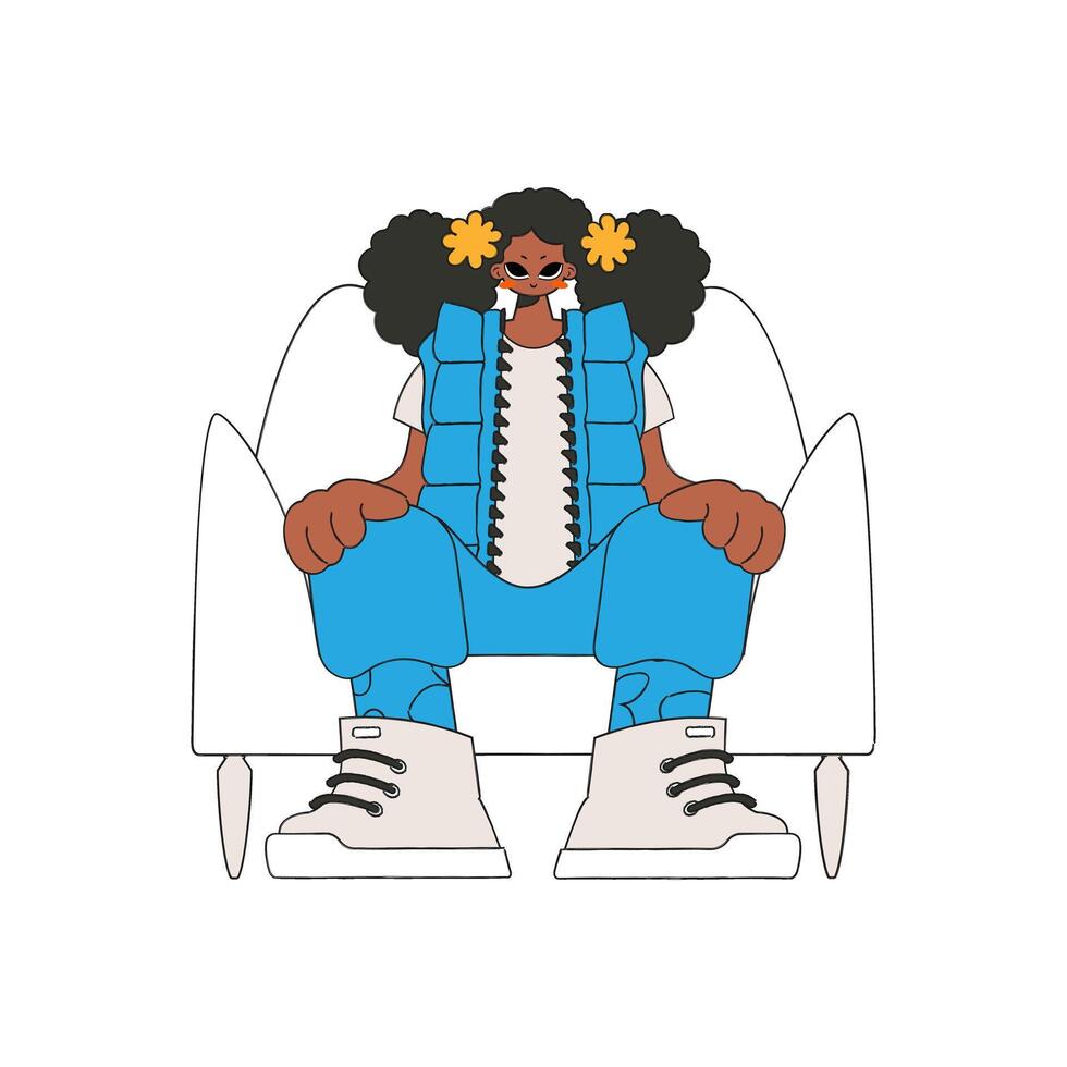 The girl is sitting in a chair. Rentro style character. vector