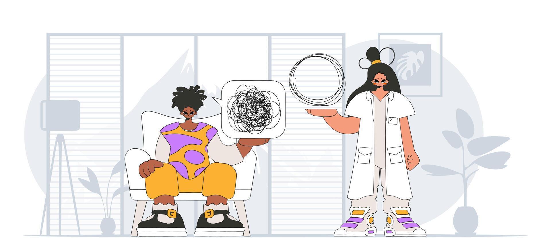 Topic Help A person consumed by a sense of hopelessness and despair. The psychologist doctor unpacks a tangle of thoughts. The patient shows that his thoughts are confused. vector