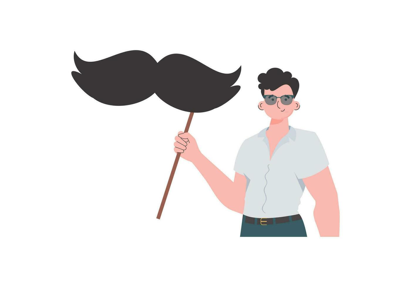 A man holds a mustache on a stick. Cartoon style. Isolated on white background. Vector. vector