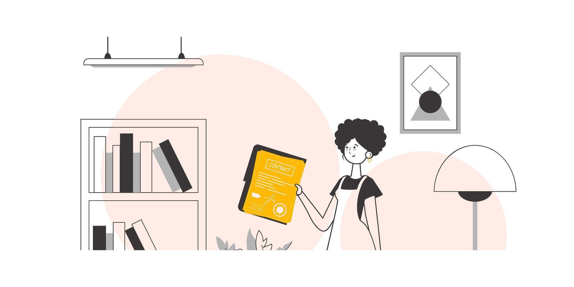 A woman holds a contract in her hands. Lineart minimalistic style. illustration. vector