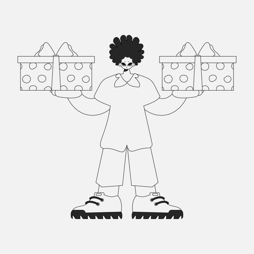 A stunning man is holding a gift in his hands. Newspaper style character. vector