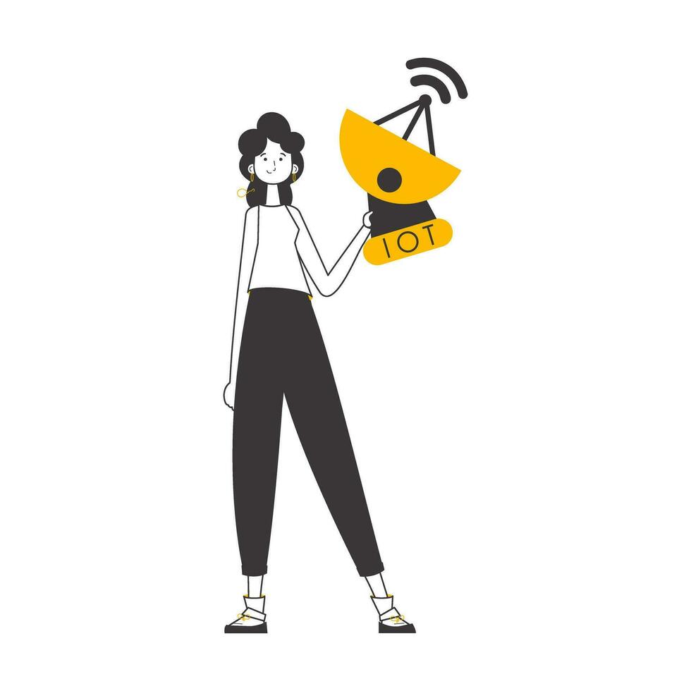 The girl is holding the internet of things logo in her hands. Trend lineart style. Isolated. Vector. vector