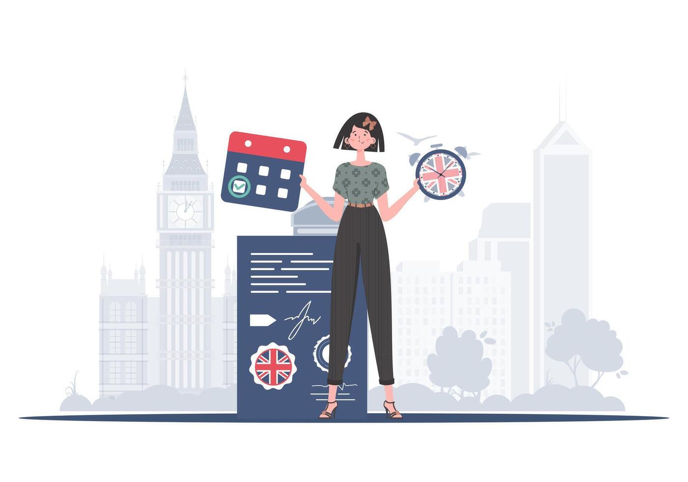 The concept of teaching English. Woman teacher shows that it's time to learn English. trendy style. Vector illustration.