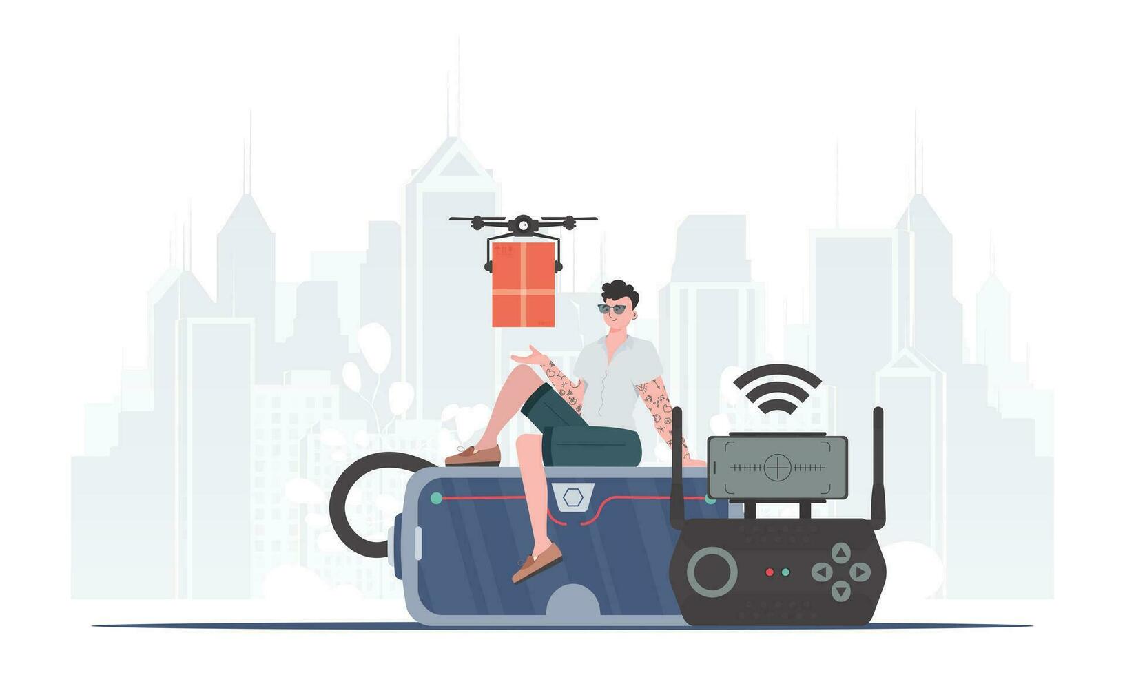 A man controls a drone with a package. The concept of cargo delivery by air. trendy style. Vector illustration.