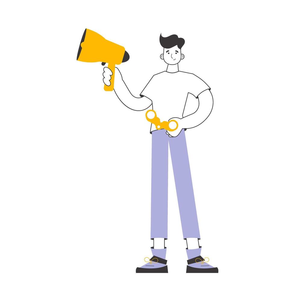 The guy holds a mouthpiece and binoculars in his hands. Job Search Theme. H.R. Linear trendy style. Isolated. Vector. vector