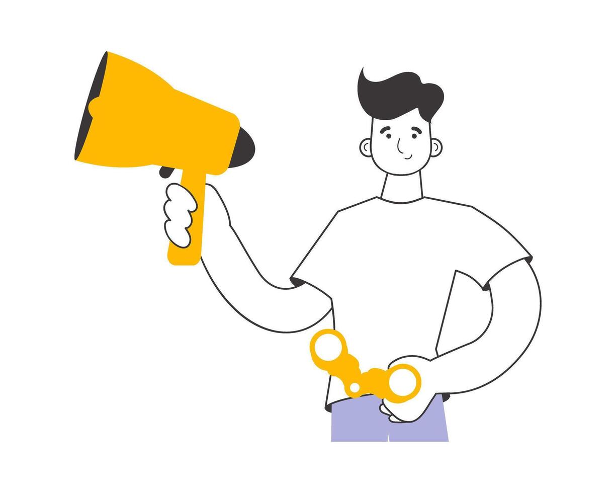 A man holds a mouthpiece and binoculars in his hands. Job Search Theme. H.R. Linear trendy style. Isolated. Vector. vector