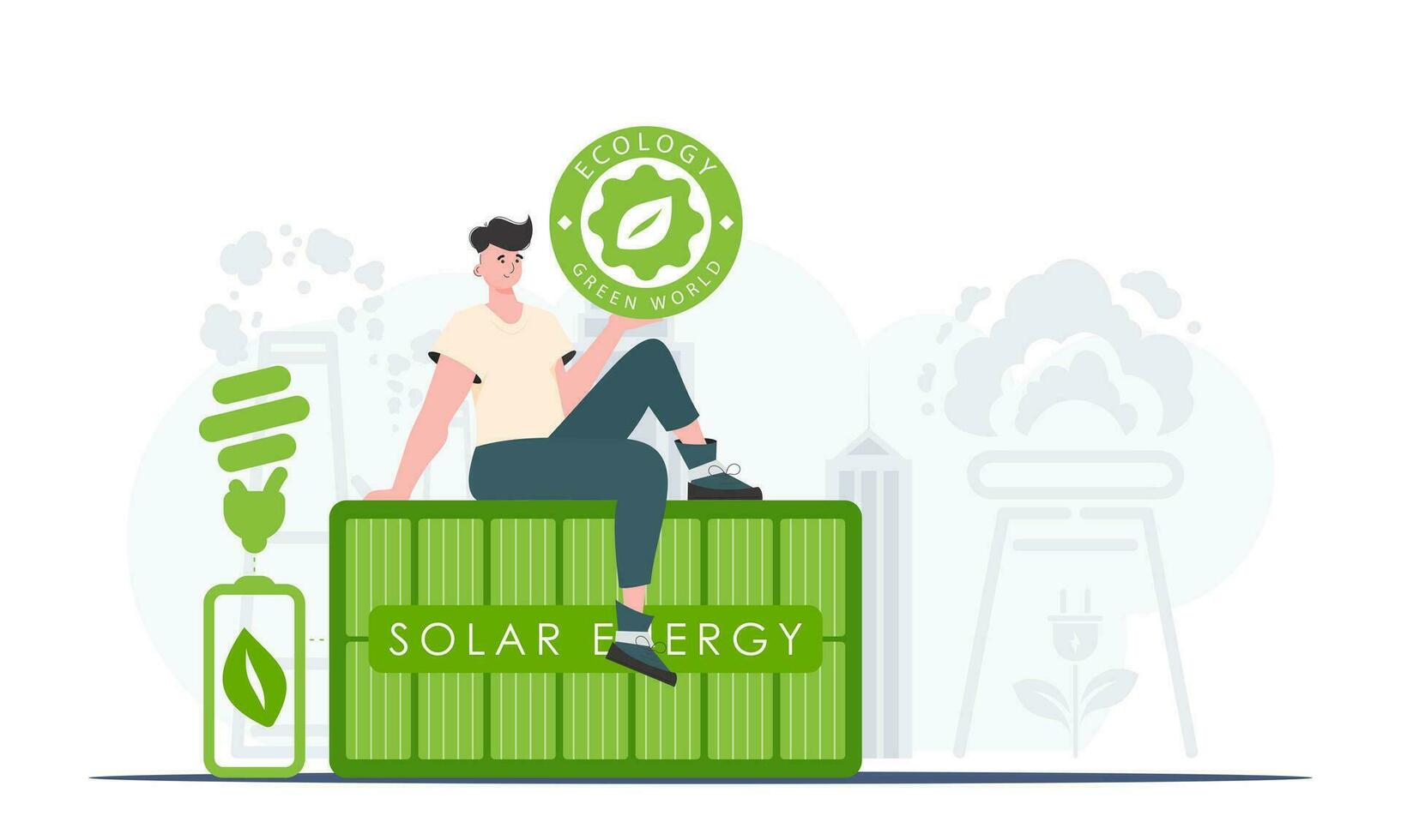 The concept of ecology and green energy. A man sits on a solar panel and holds the ECO logo in his hands. Fashionable, trendy style. Vector. vector