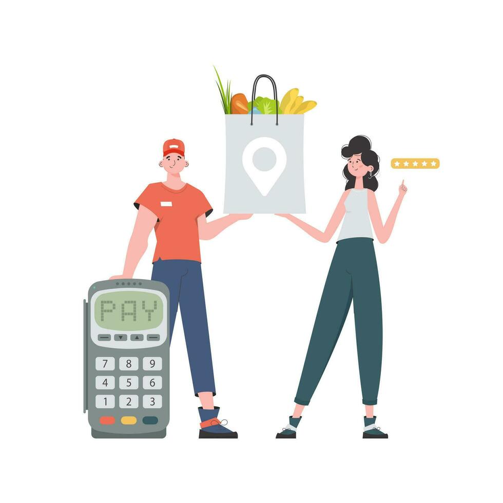 A male courier holds a package with groceries. Home delivery concept. Isolated. Cartoon style. Vector. vector