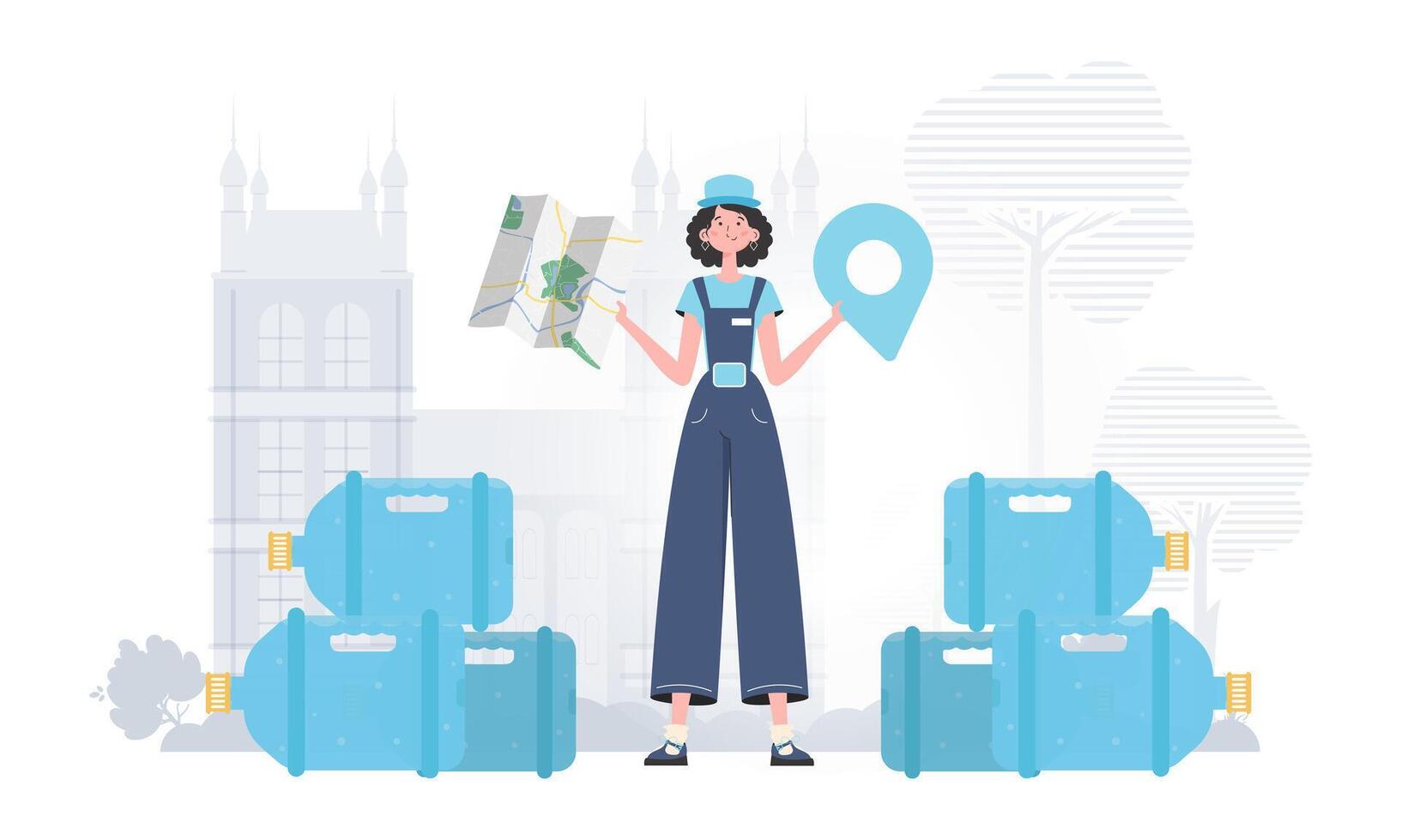 Girl water delivery operator holding a map. Stylish character is