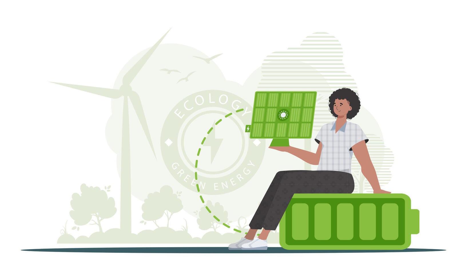 Green energy concept. A man sits on a battery and holds a solar panel in his hands. Vector illustration.