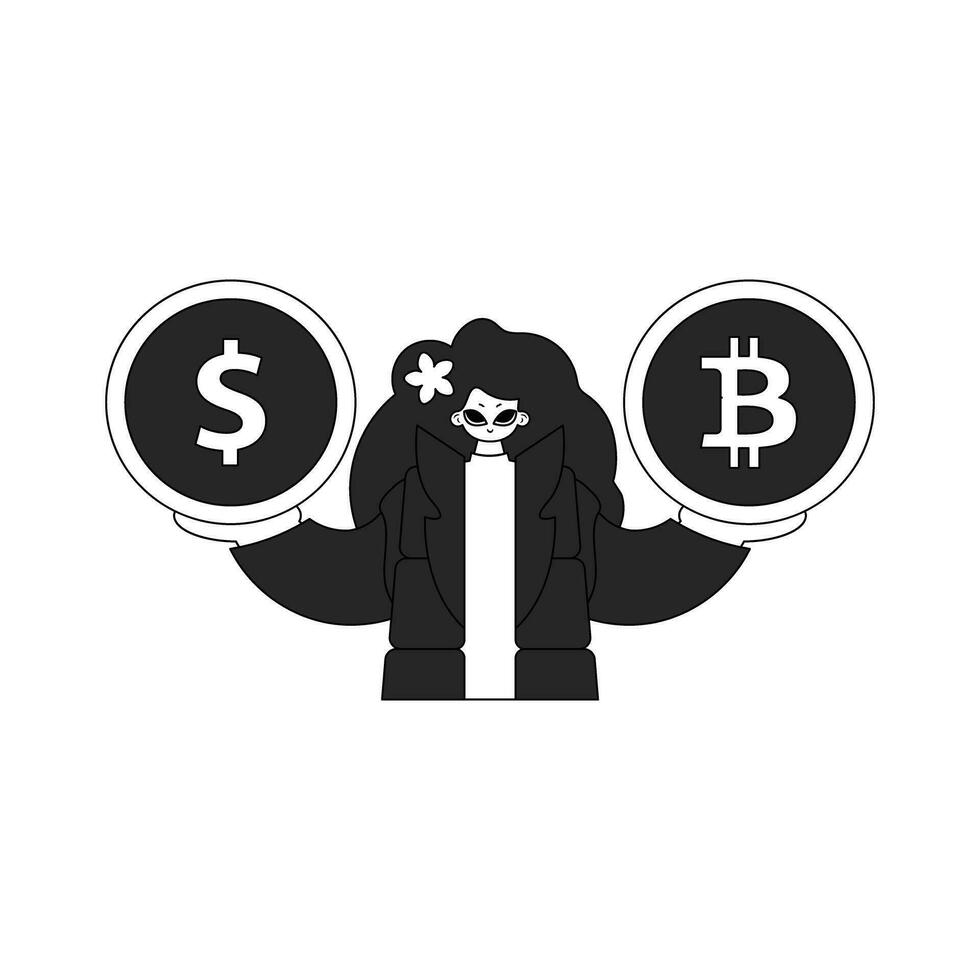 An attractive woman holds a bitcoin and dollar coin in her hands. Newspaper black and white style. vector