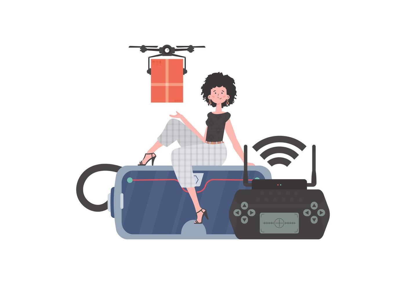 The concept of cargo delivery by air. A woman controls a quadcopter with a parcel. Isolated on white background. illustration. vector