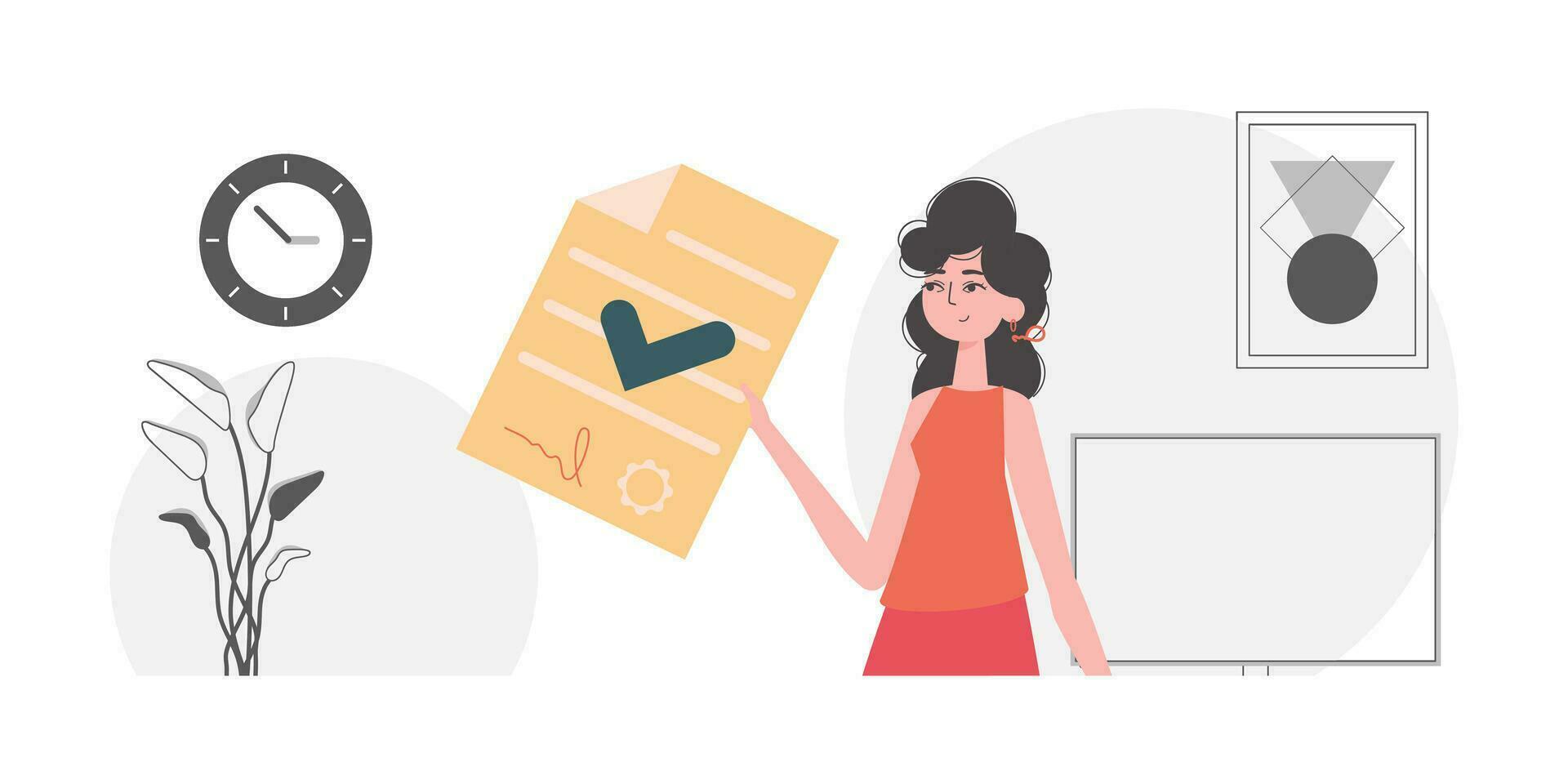 Data protection concept. Smart contract. The girl is holding a contract or a document. vector