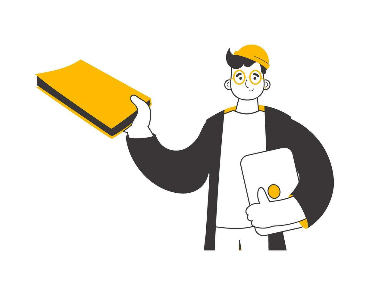 The guy holds a book and a laptop in his hands. Linear trendy style. Isolated. Vector. vector