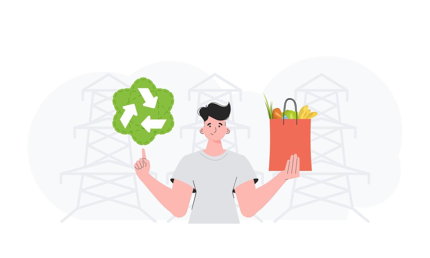 The guy is shown waist-deep holding an EKO icon and a bag of proper nutrition. The concept of ecology, zero waste and healthy eating. Trend style, vector illustration.