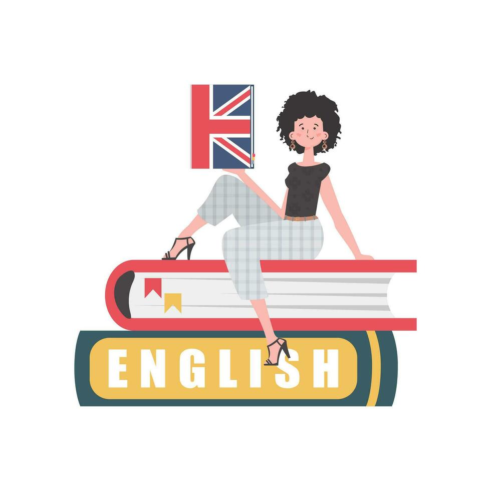 un mujer se sienta en libros y sostiene un Inglés diccionario en su manos. el concepto de enseñando inglés. aislado. de moda estilo. vector ilustración.