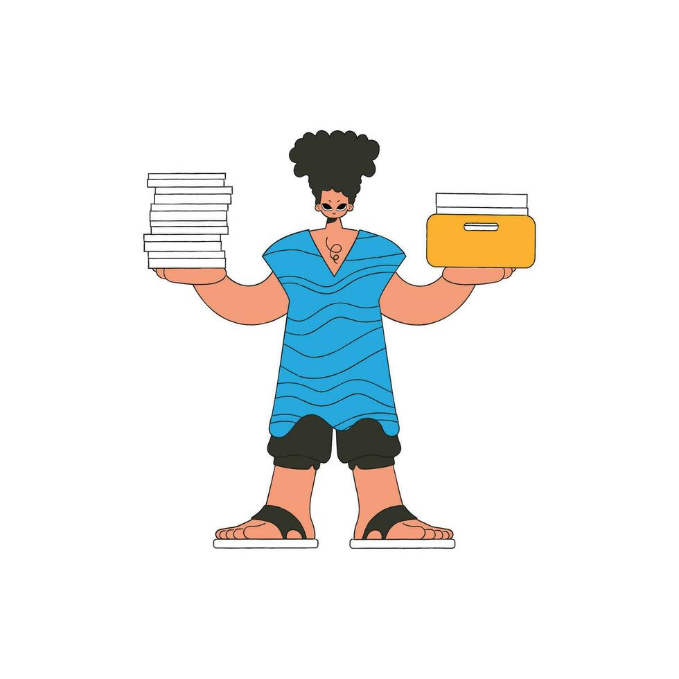 A stylish man holds stacks of documents in his hands. vector