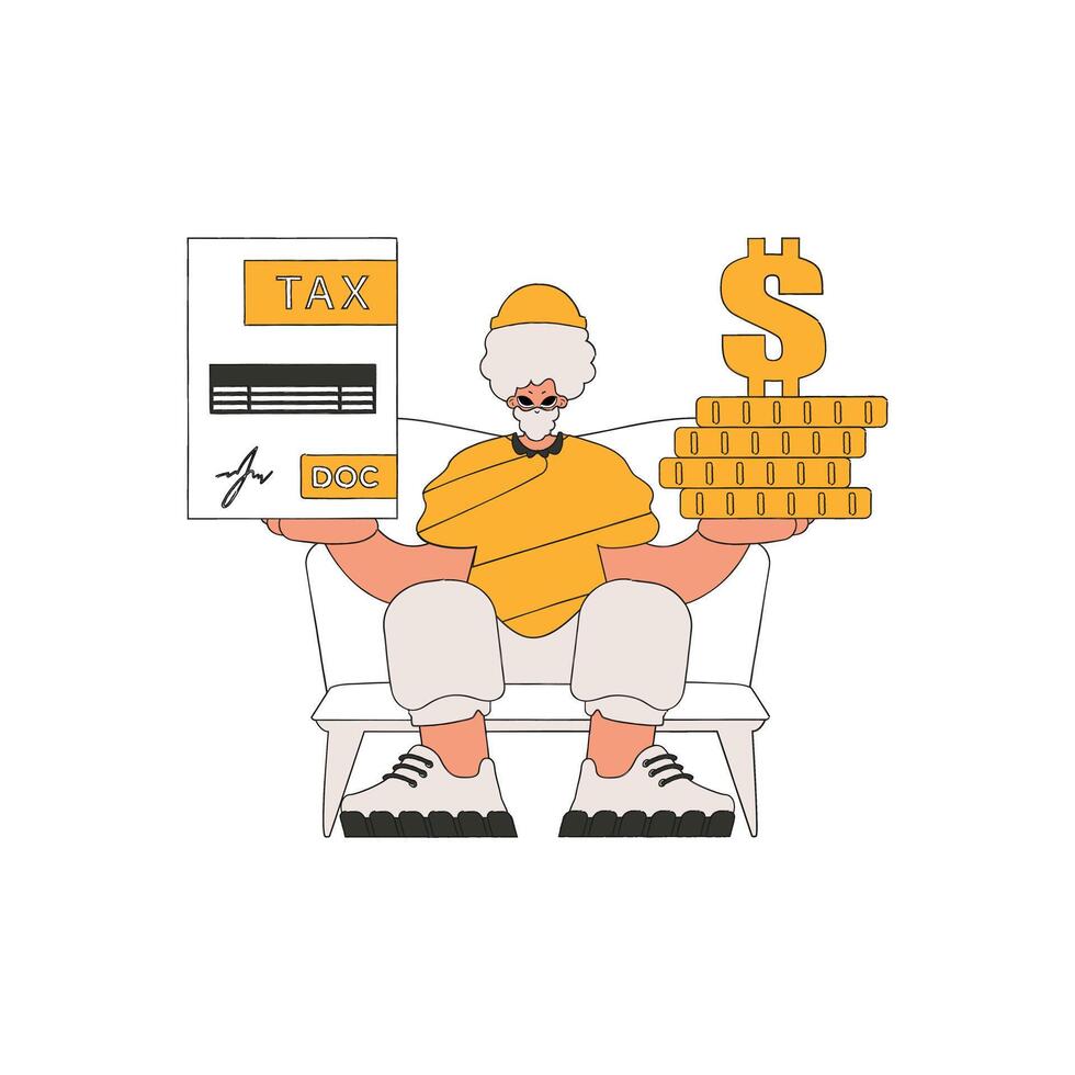 A graceful man holds a tax form and coins in his hands. The topic of paying taxes. vector