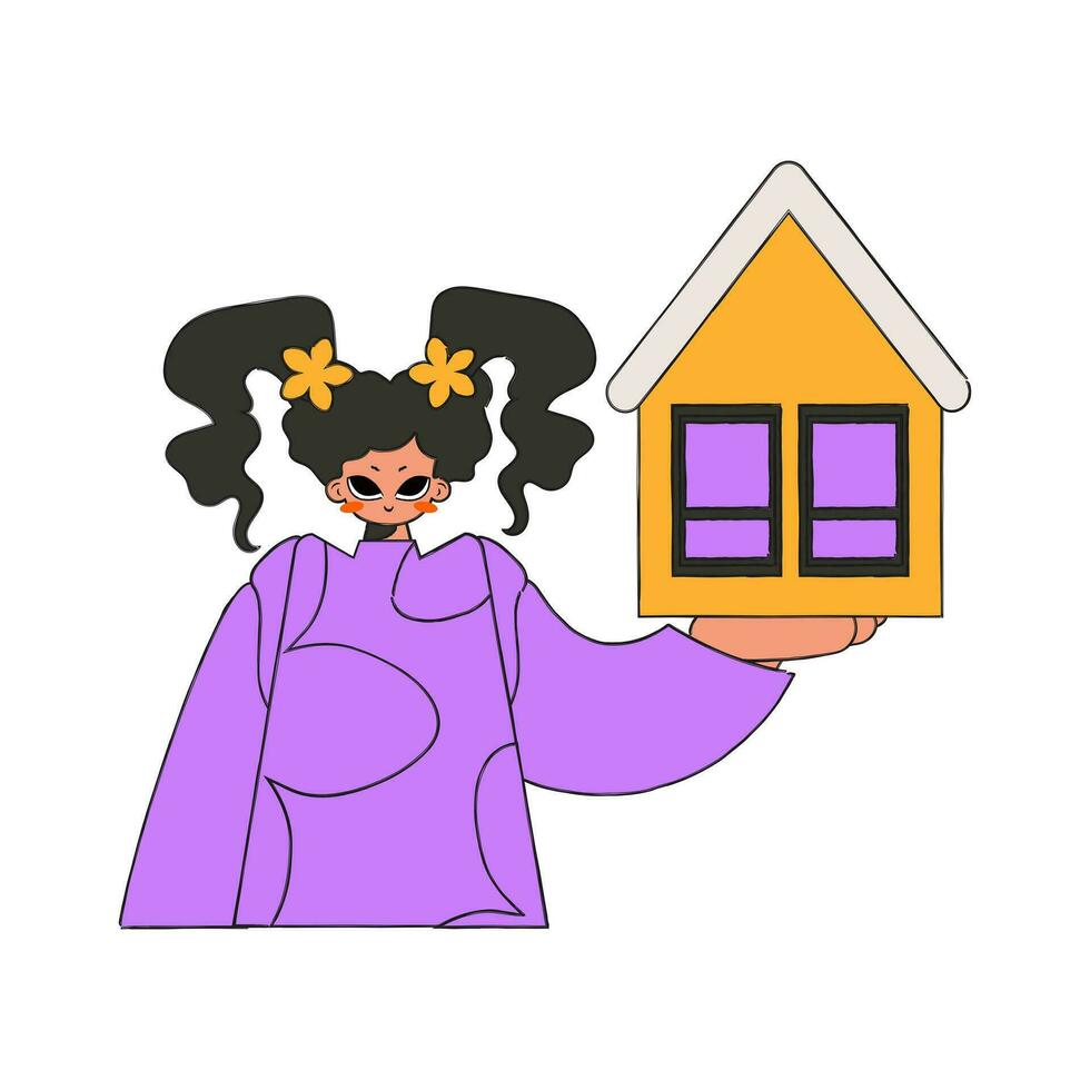 Real estate realtor girl holding a house in her hands. Home ownership. vector